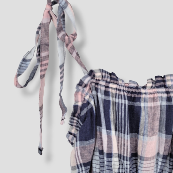 AQUA Linen Plaid Prairie Maxi Dress Navy - Picture 4 of 11